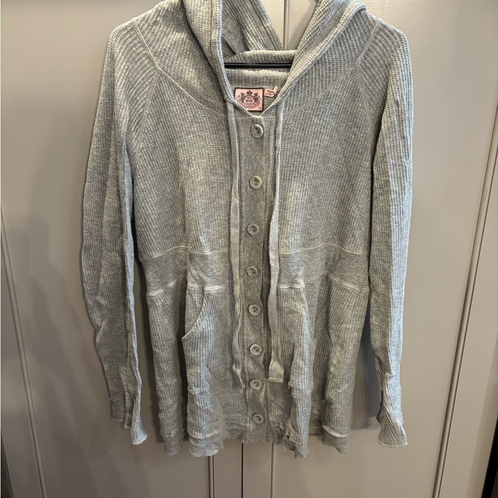 Y2K Juicy Couture Light Gray waffle knit Hooded Cardigan XL